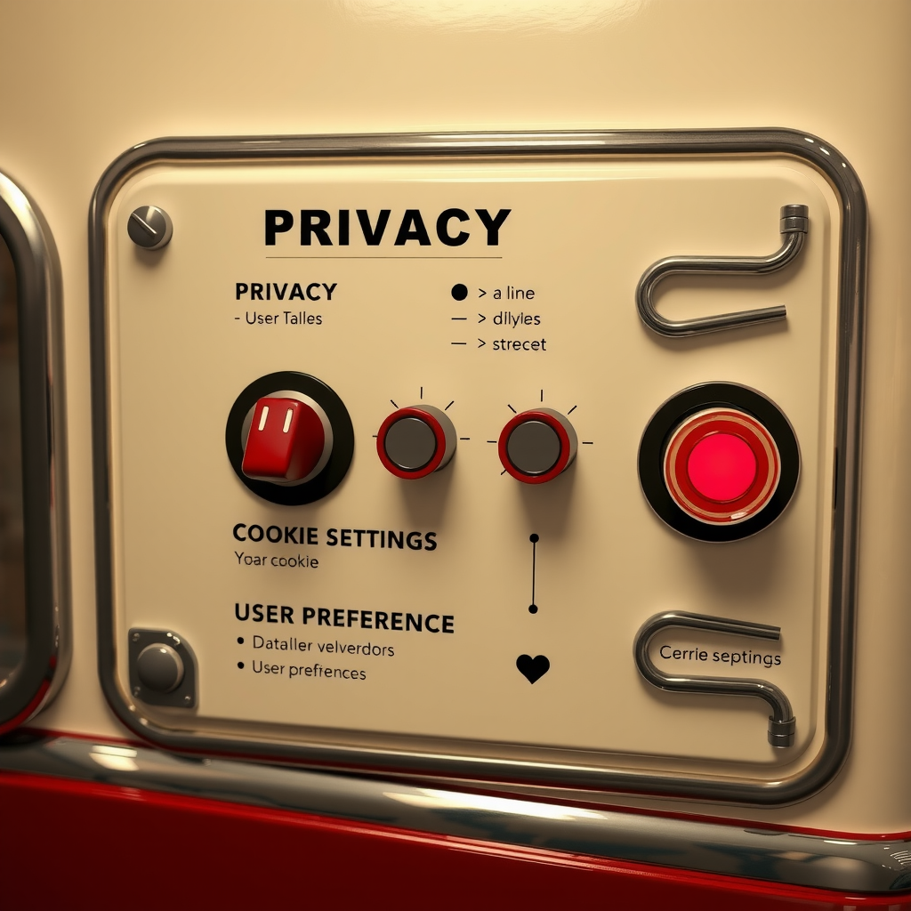 Illustration showing privacy control panel with toggle switches, cookie settings, and user preference options in retro 1950s diner style with burgundy accents and cream background
