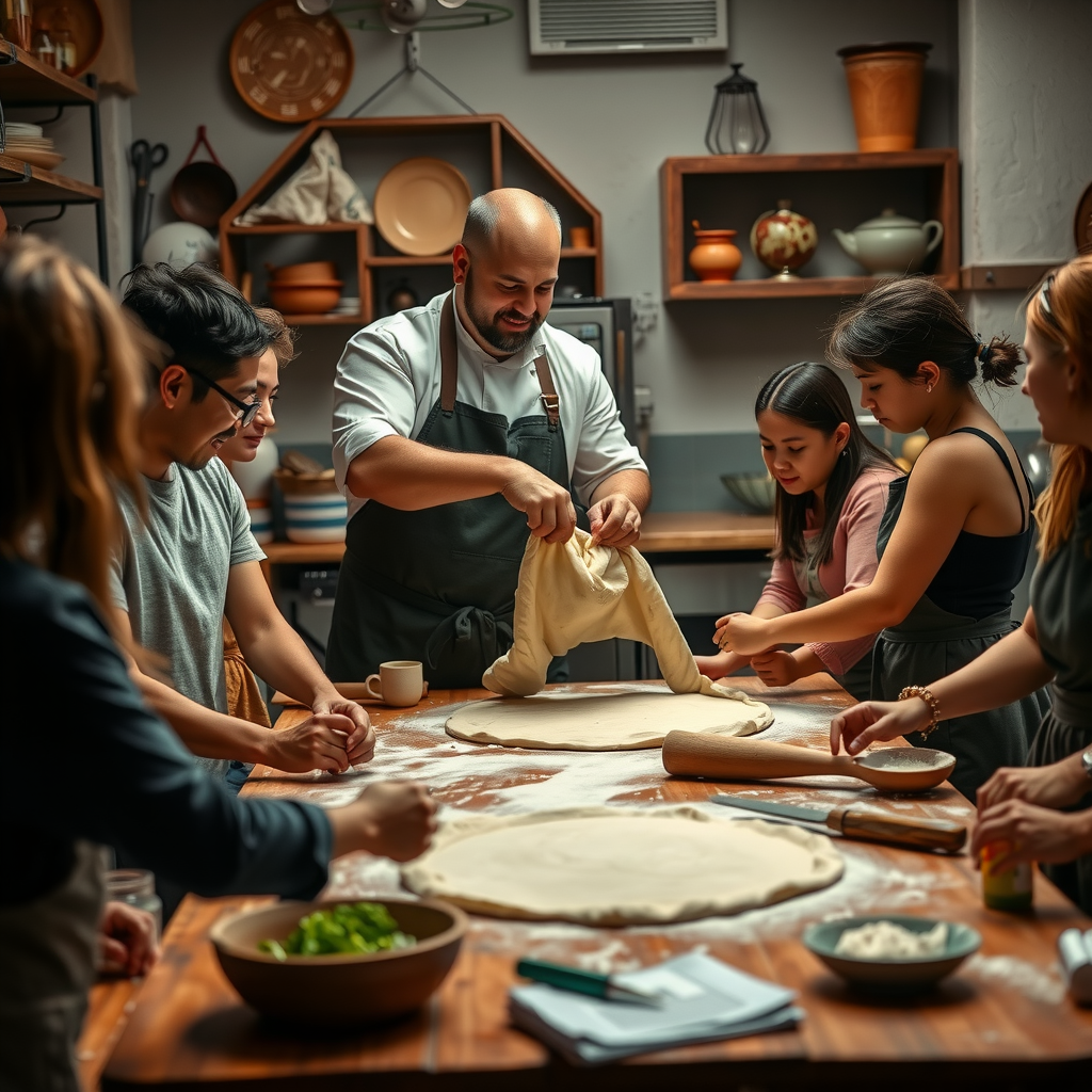 Hands-on pizza making class with master chef instructor teaching students dough stretching technique at wooden table covered with flour, ingredients and pizza-making tools in rustic Italian kitchen