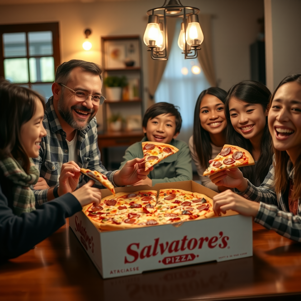 Smiling family gathered around dining table enjoying fresh Salvatore's pizza straight from the delivery box, warm lighting, cozy home setting, pizza slices being served