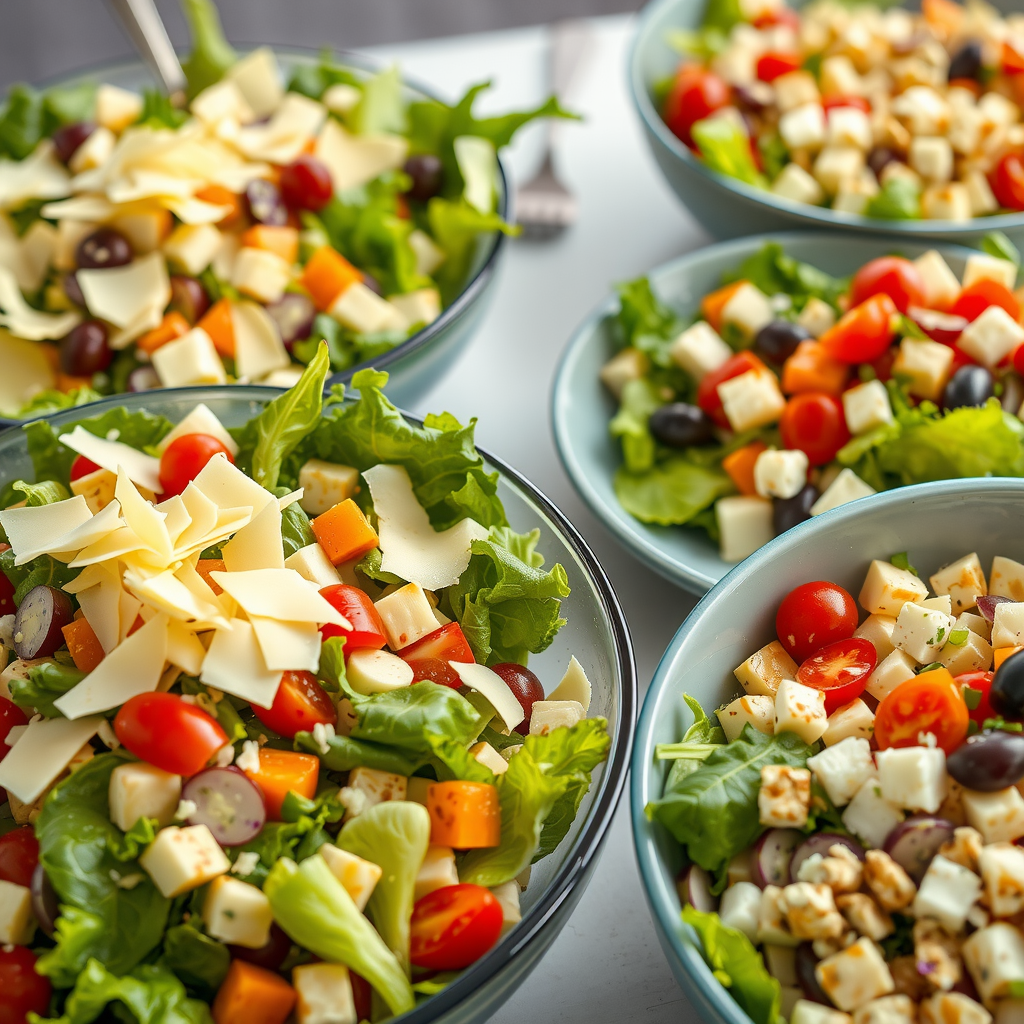 Colorful array of fresh salads including Caesar salad with parmesan shavings, mixed greens with balsamic vinaigrette, Greek salad with feta cheese, and Italian chopped salad in large serving bowls