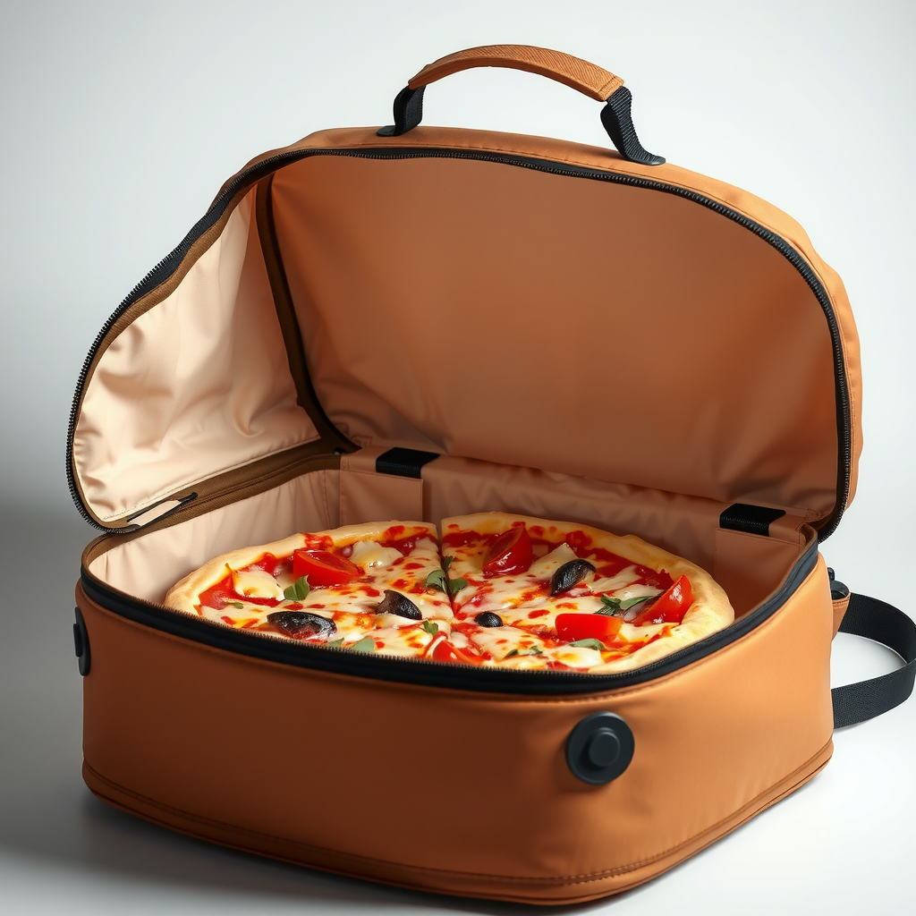 Professional insulated pizza delivery bag opened to reveal steaming hot pizza inside, showing thermal lining and heat retention technology that keeps pizzas at perfect temperature
