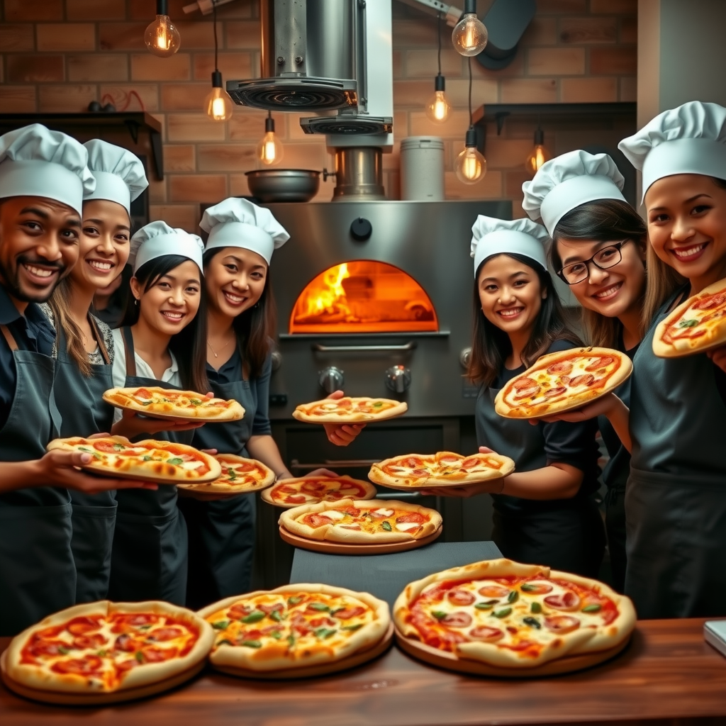 Diverse group of smiling workshop participants wearing aprons and chef hats, proudly holding their freshly made pizzas in front of a wood-fired oven, celebratory atmosphere, warm kitchen lighting, sense of accomplishment