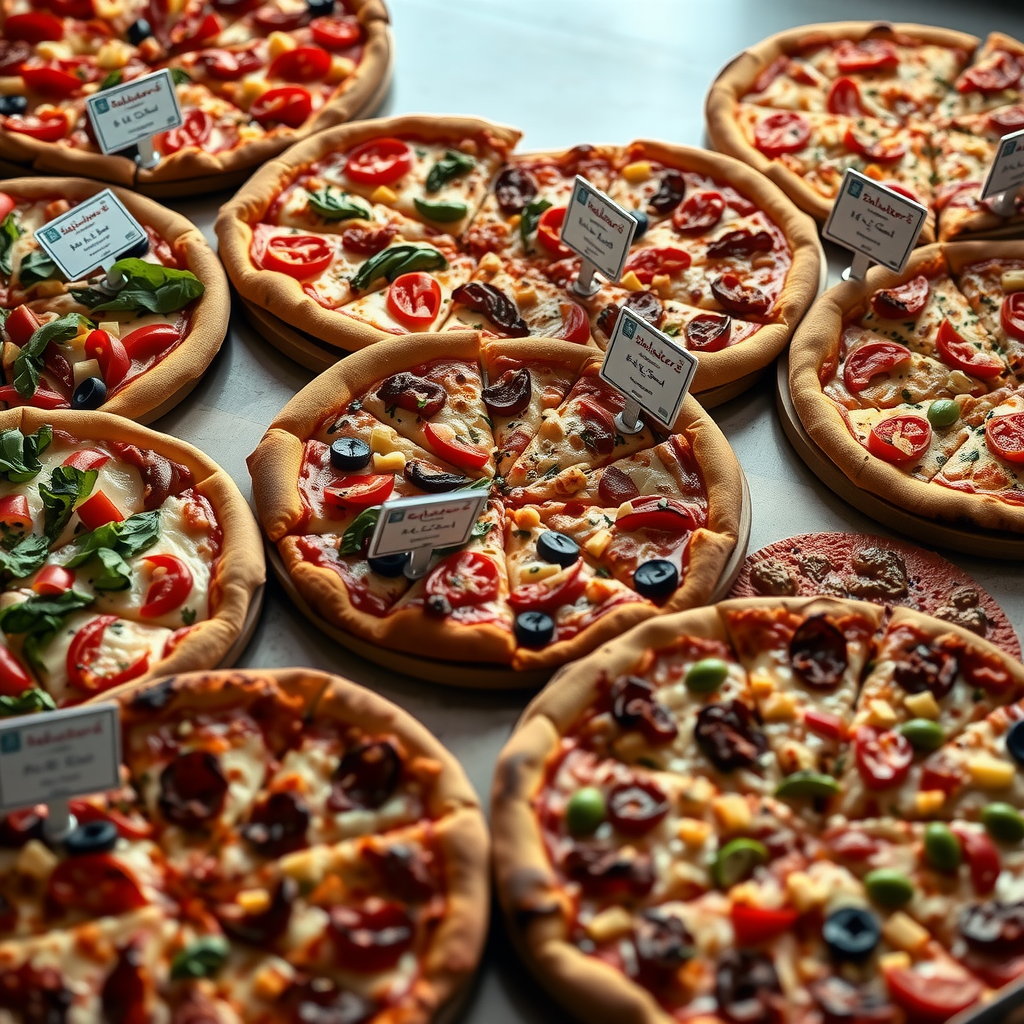 Beautifully arranged display of various Salvatore pizzas including vegetarian, meat lovers, and specialty options, showcasing diverse menu choices for corporate clients with dietary labels visible