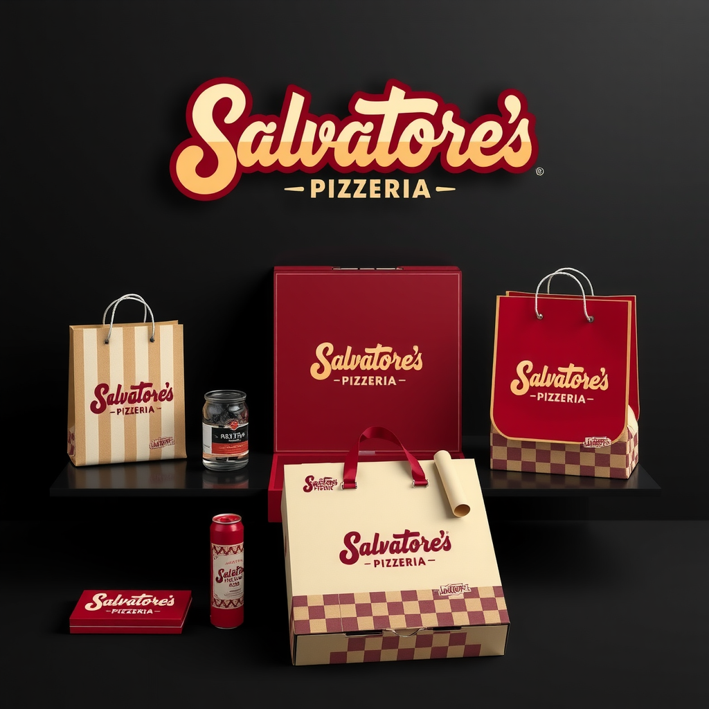 Salvatore's Pizzeria brand identity showcase featuring the burgundy and cream logo, trademark pizza box design, branded delivery bags, and marketing materials displaying the classic 1950s diner aesthetic with checkered patterns