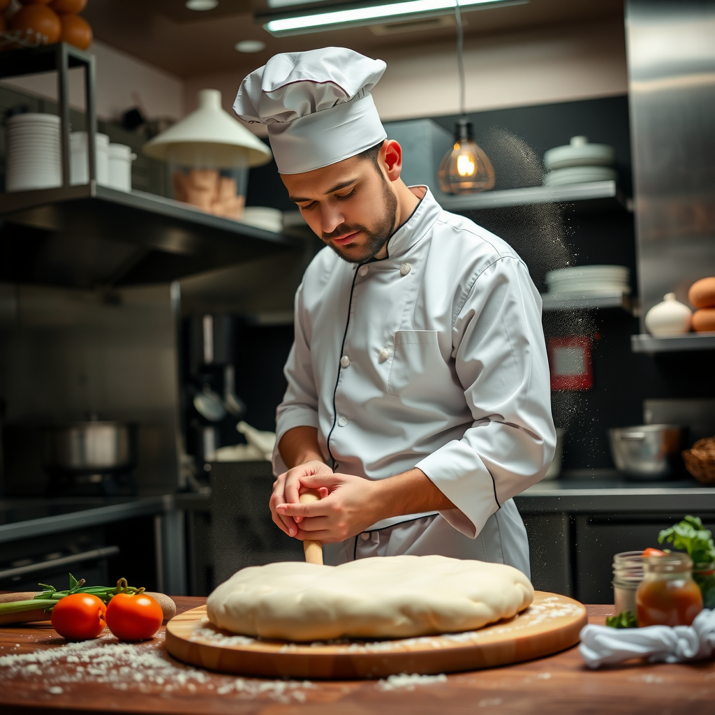 Head chef Marco Benedetti in white chef uniform kneading fresh pizza dough by hand in professional kitchen, flour dusting the air, traditional Italian techniques, Canadian ingredients on counter