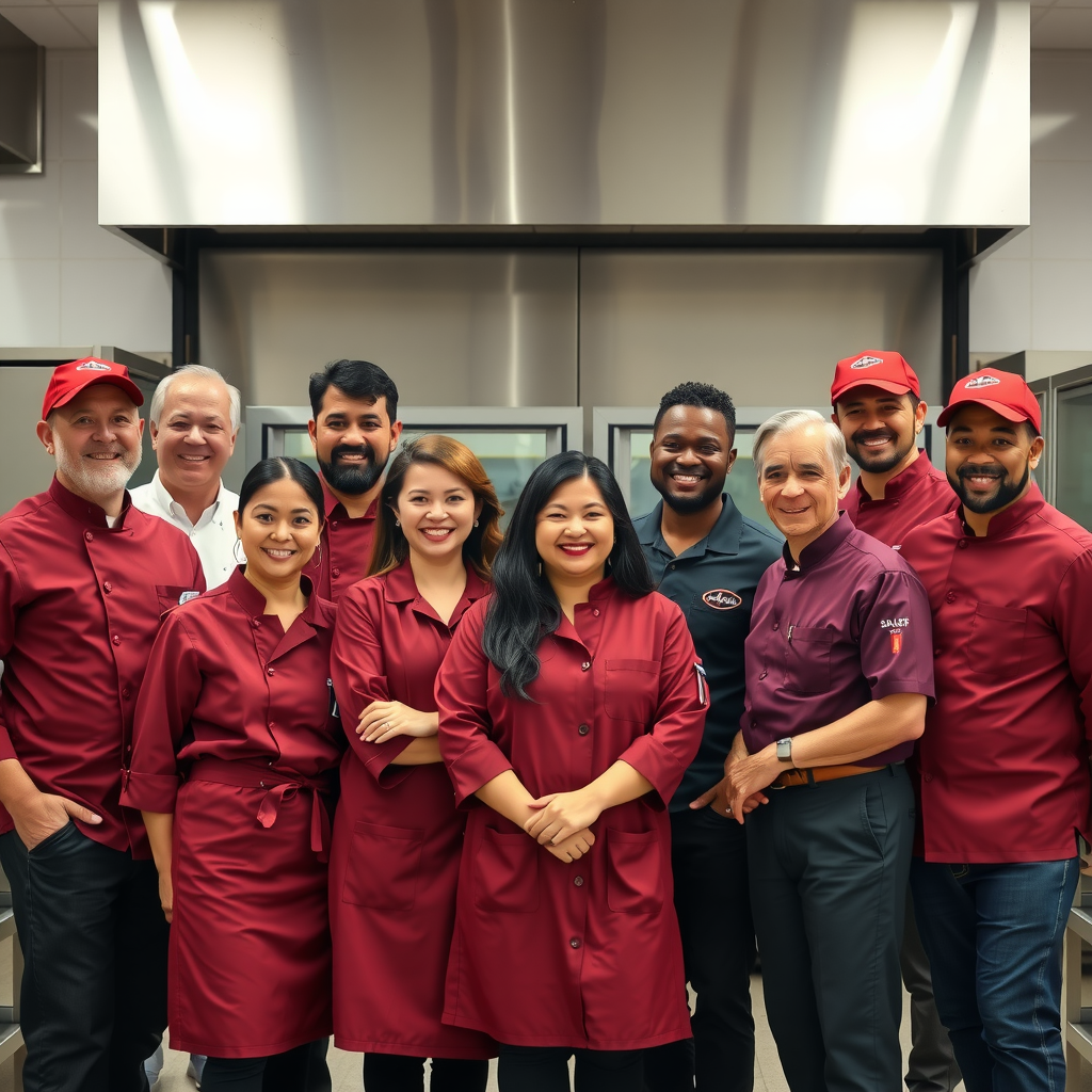 Diverse group of smiling Salvatore team members in burgundy uniforms standing together in front of kitchen facility, including chefs, delivery drivers, and management staff