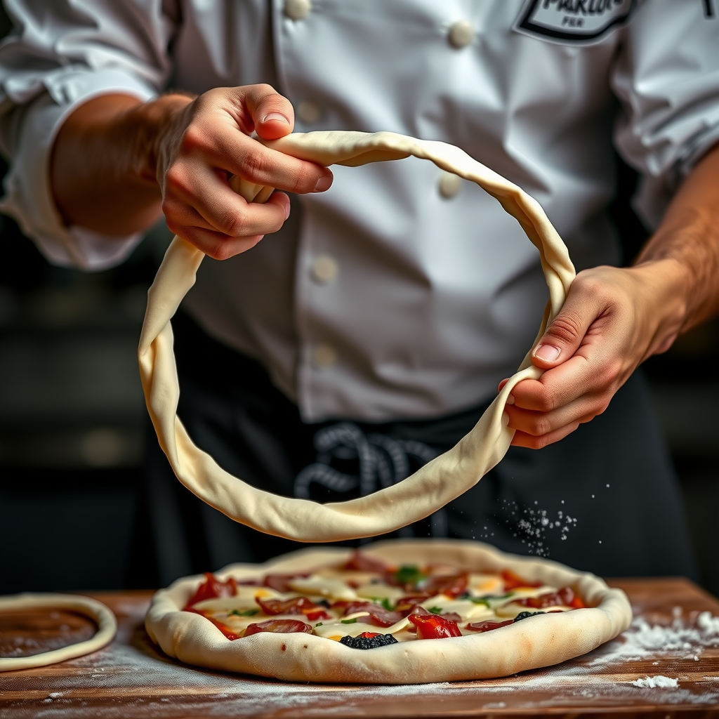 Chef Marco Benedetti expertly hand-stretching pizza dough over his knuckles using traditional Italian technique, with the dough forming a perfect thin circle while maintaining a thicker edge, flour dusting the air