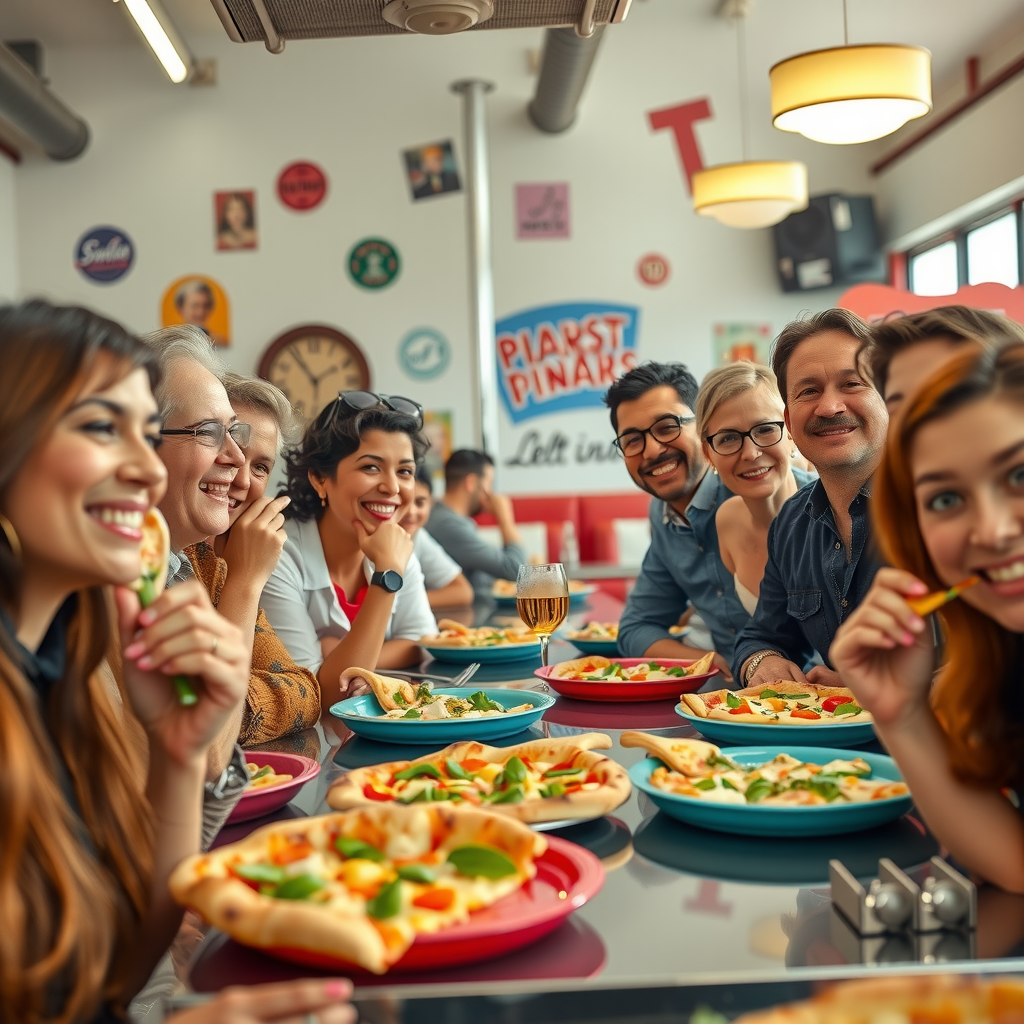 Diverse group of smiling customers in a retro 1950s diner setting enjoying plant-based pizzas, with colorful plates and vintage decor visible, showing genuine enjoyment and satisfaction