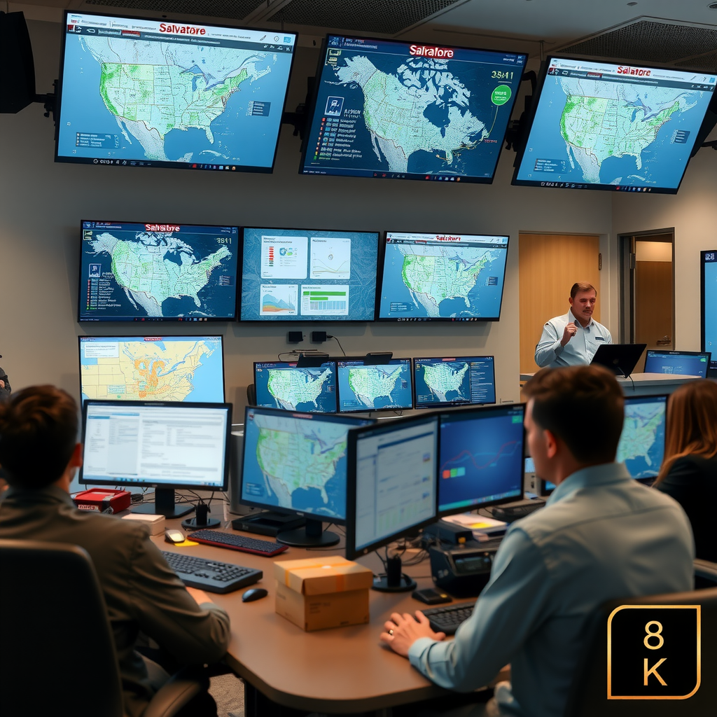 Salvatore operations control center with multiple monitors displaying real-time order tracking, staff coordinating deliveries, maps showing delivery routes across Canada, professional command center atmosphere
