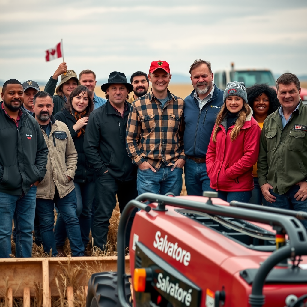 Diverse group of Canadian farmers from different backgrounds standing together in field with Salvatore branded equipment, representing inclusive partnership expansion across provinces and territories, with Canadian flag visible in background