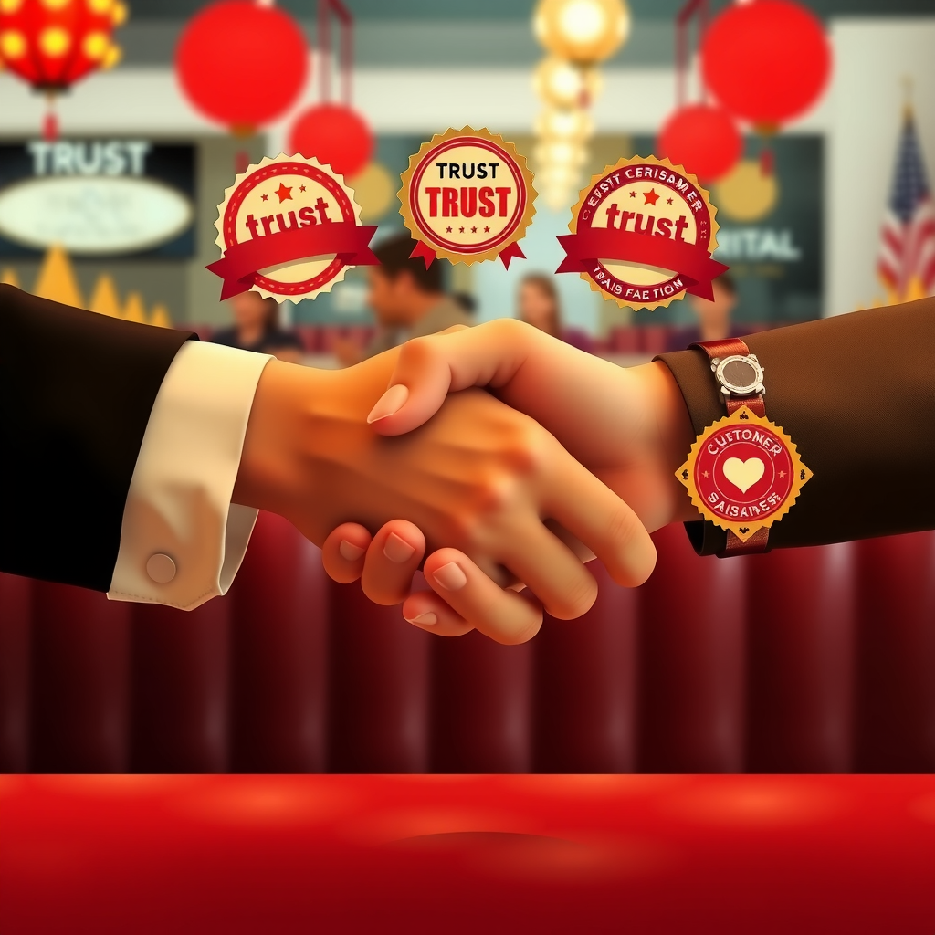 Warm illustration showing handshake symbol with trust badges, transparency icons, and customer satisfaction elements in classic 1950s diner burgundy and cream aesthetic