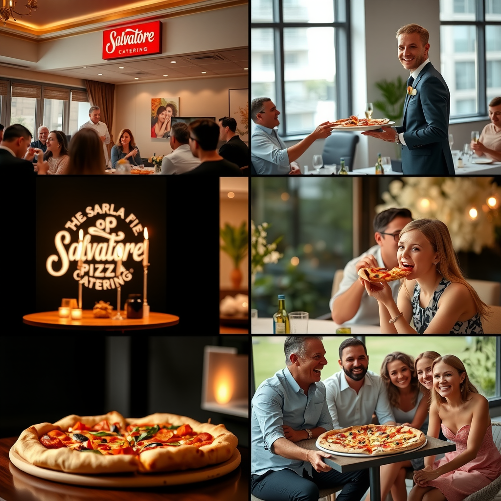 Collage showing Salvatore pizza catering at different events including elegant wedding reception, corporate office meeting, children's birthday party, and outdoor summer gathering with happy guests enjoying pizza