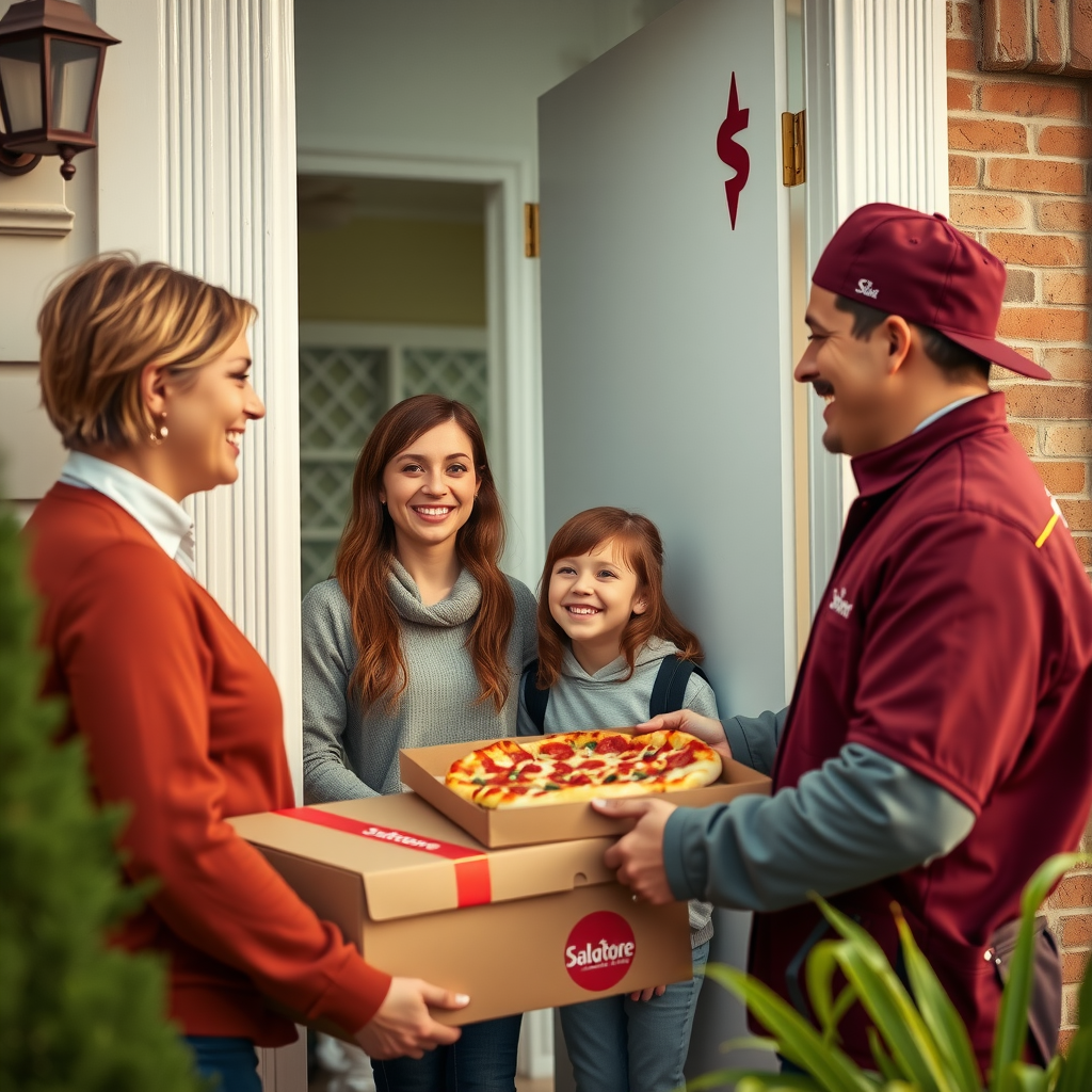 Smiling family opening door to receive hot pizza delivery from friendly Salvatore driver in burgundy uniform, showing excellent customer service and satisfaction