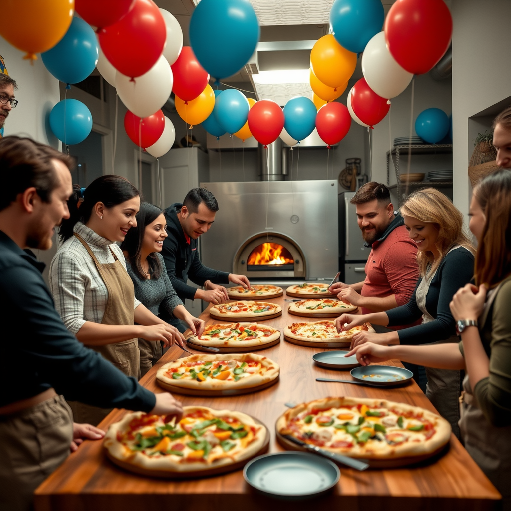 Festive group pizza making workshop with decorated tables, colorful balloons, participants laughing and working together, celebration atmosphere, professional kitchen setting with wood-fired oven visible