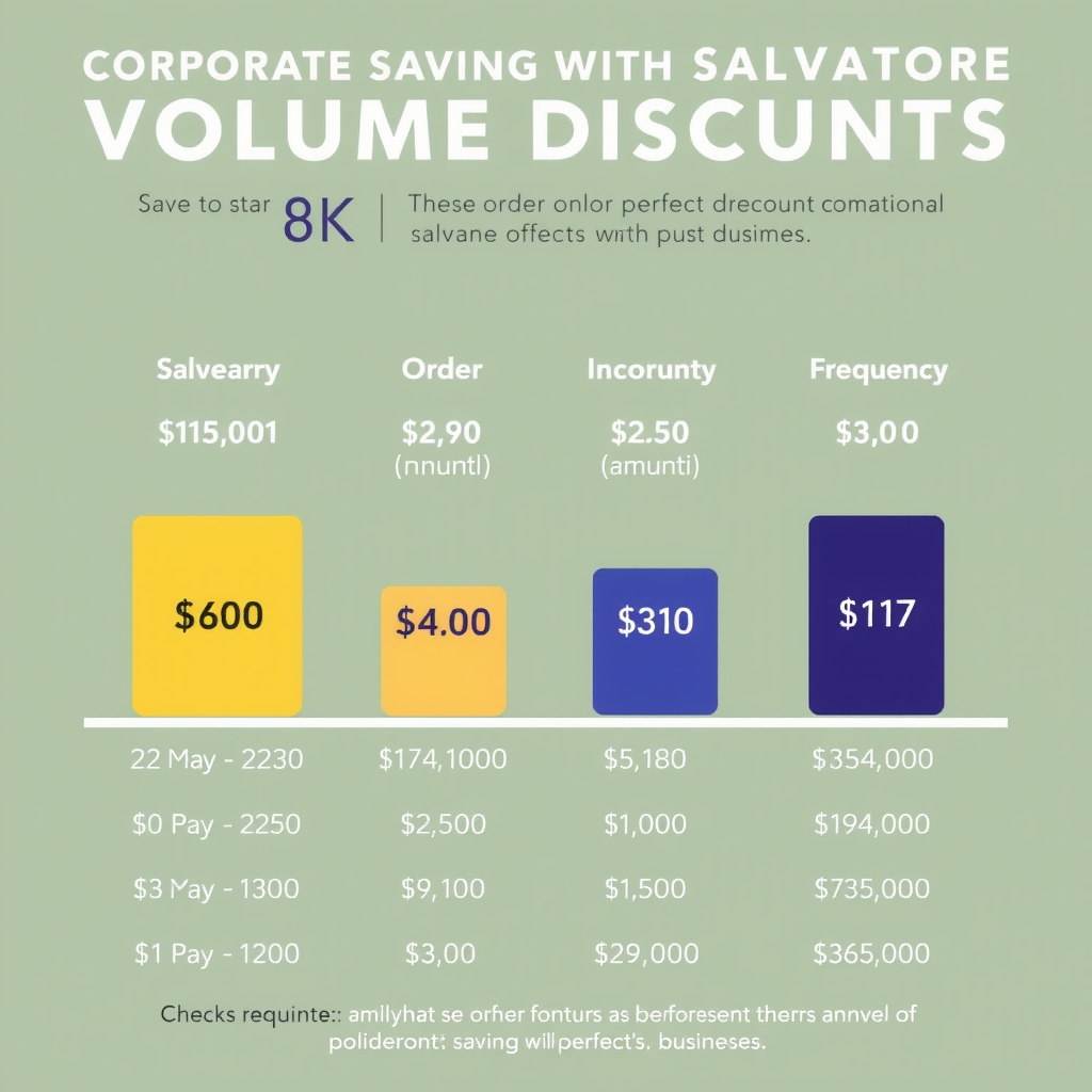 Visual chart showing corporate savings with Salvatore volume discounts, comparing costs across different order sizes and frequencies, demonstrating significant annual savings for businesses