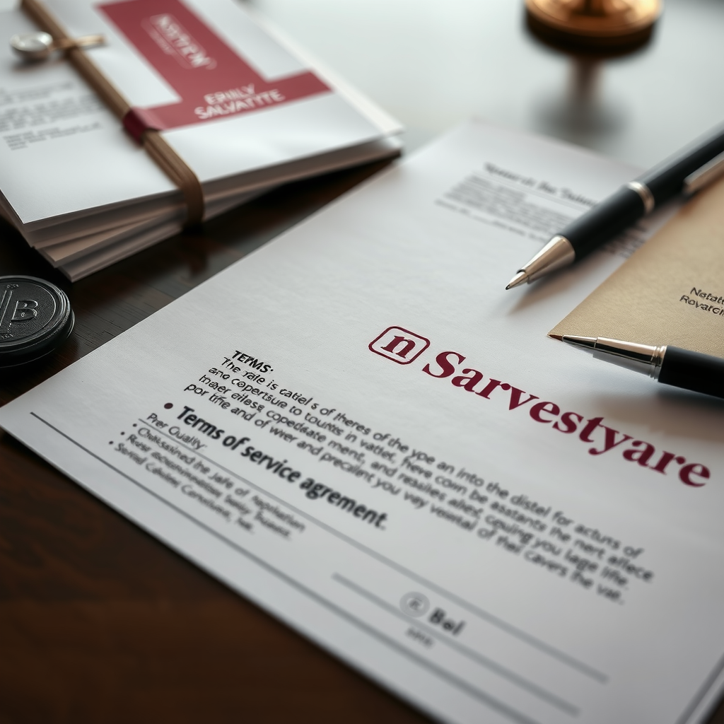 Professional legal documents and contract papers on a desk with Salvatore's burgundy and cream branding, representing the terms of service agreement, with a pen and official company seal visible