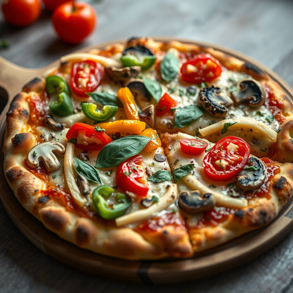 Delicious plant-based pizza topped with colorful fresh vegetables, dairy-free cheese melting beautifully, vibrant red tomatoes, green peppers, mushrooms, Italian herbs, on wooden serving board