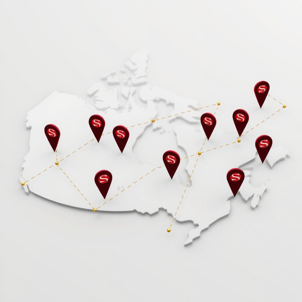 Artistic rendering of future Salvatore locations across Canada, showing a map with multiple burgundy location pins and connecting lines, representing the company's growth vision