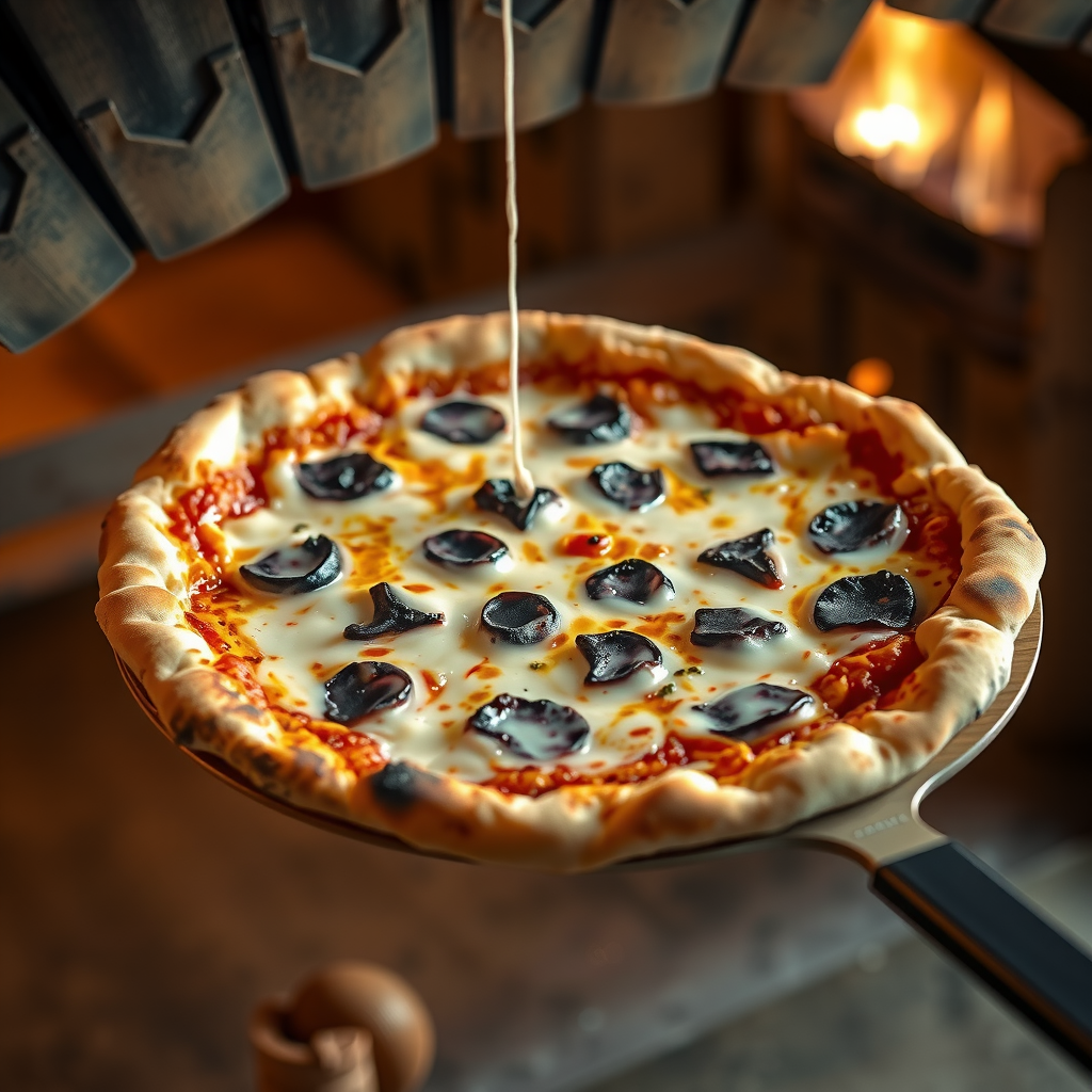 A perfect Neapolitan-style pizza being pulled from the wood-fired oven with a long peel, showing the characteristic leopard-spotted charred crust, bubbling cheese, and puffy cornicione edge, with flames visible in the background