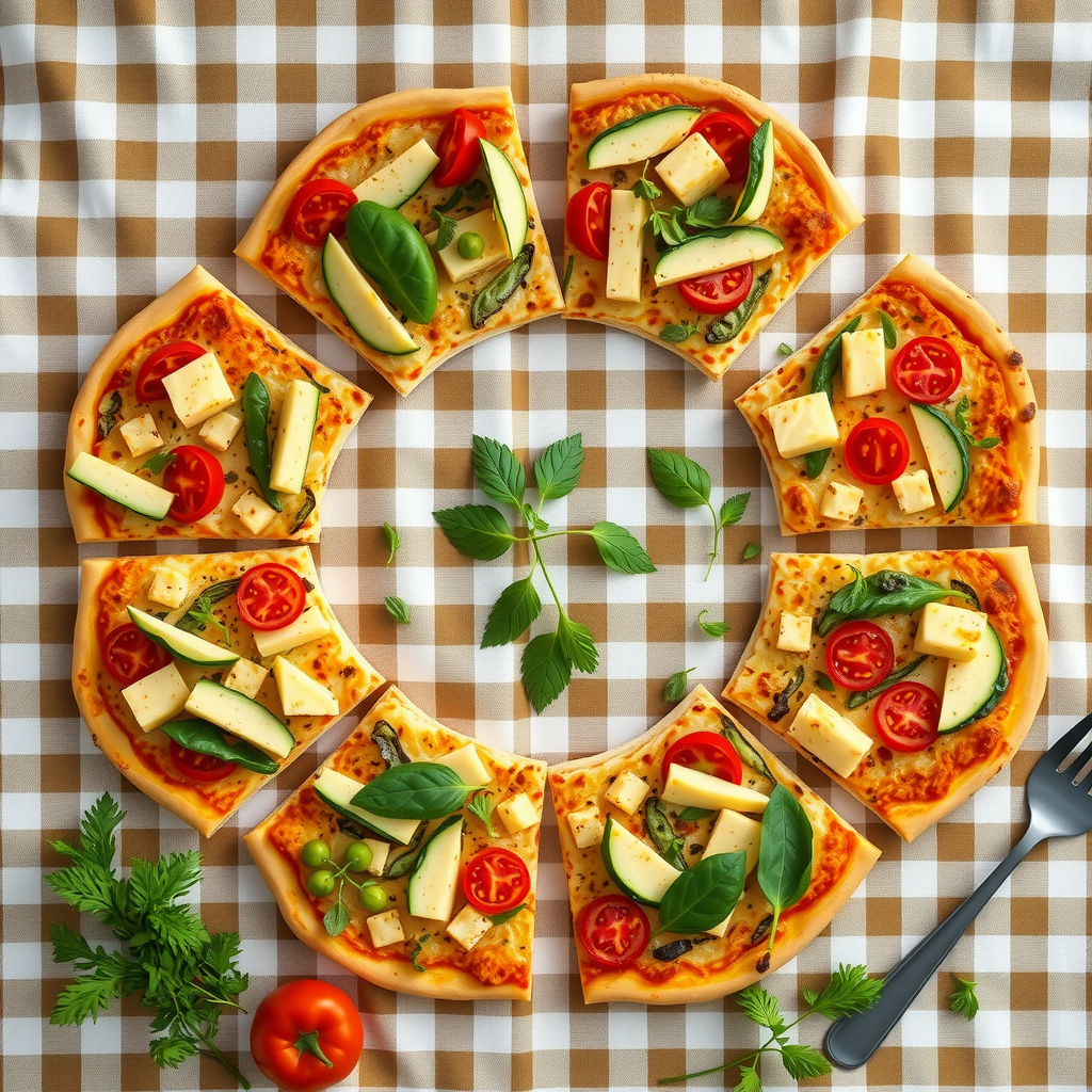 Artistic overhead composition of multiple plant-based pizzas arranged in a circle on a vintage checkered tablecloth, surrounded by fresh vegetables, herbs, and dairy-free cheese, symbolizing abundance and variety
