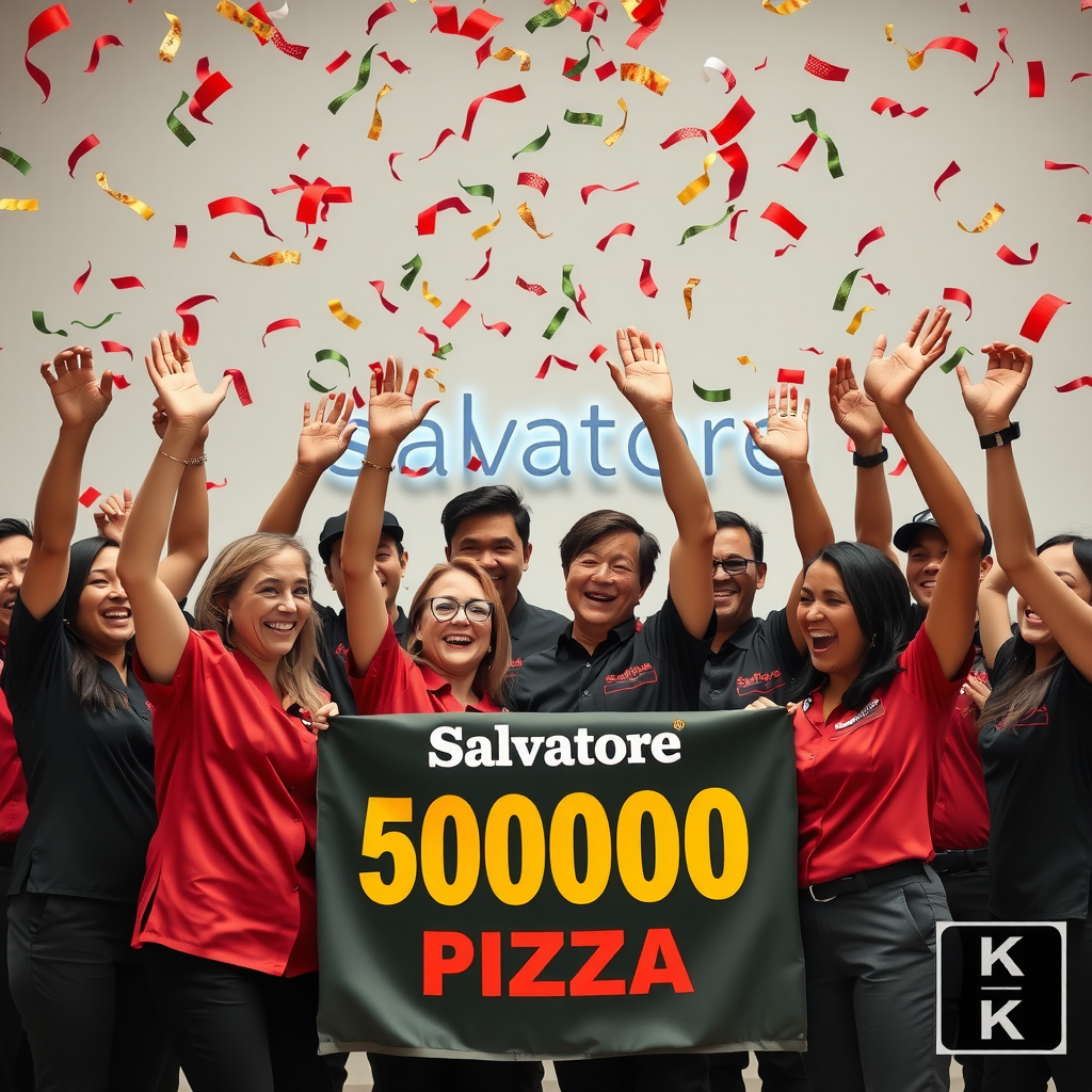 Salvatore team members celebrating with raised hands, confetti falling, group photo of diverse staff in branded uniforms, joyful expressions, commemorative banner showing 50000 pizzas milestone