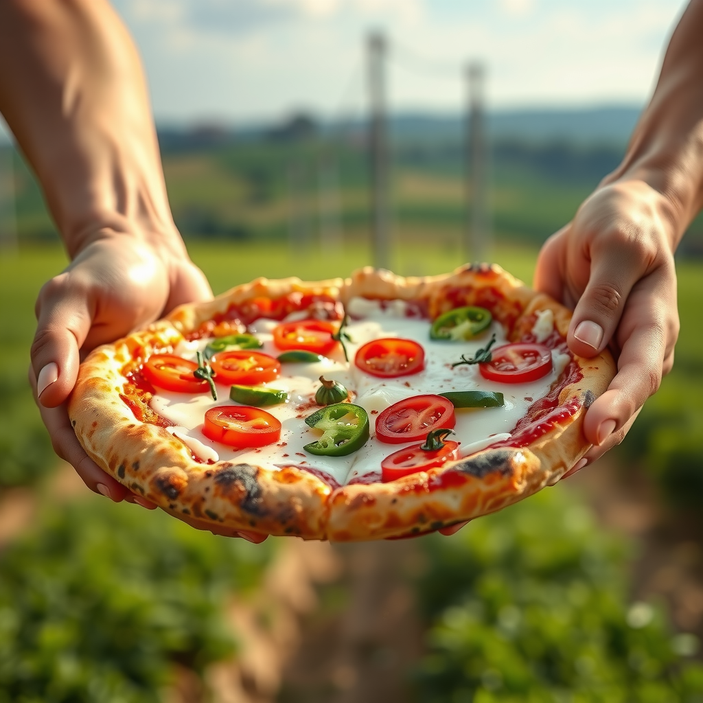 Close-up of hands holding freshly made Salvatore pizza with vibrant toppings including red tomatoes, green peppers, and melted mozzarella cheese, with blurred farm landscape in background, representing farm-to-table quality and commitment