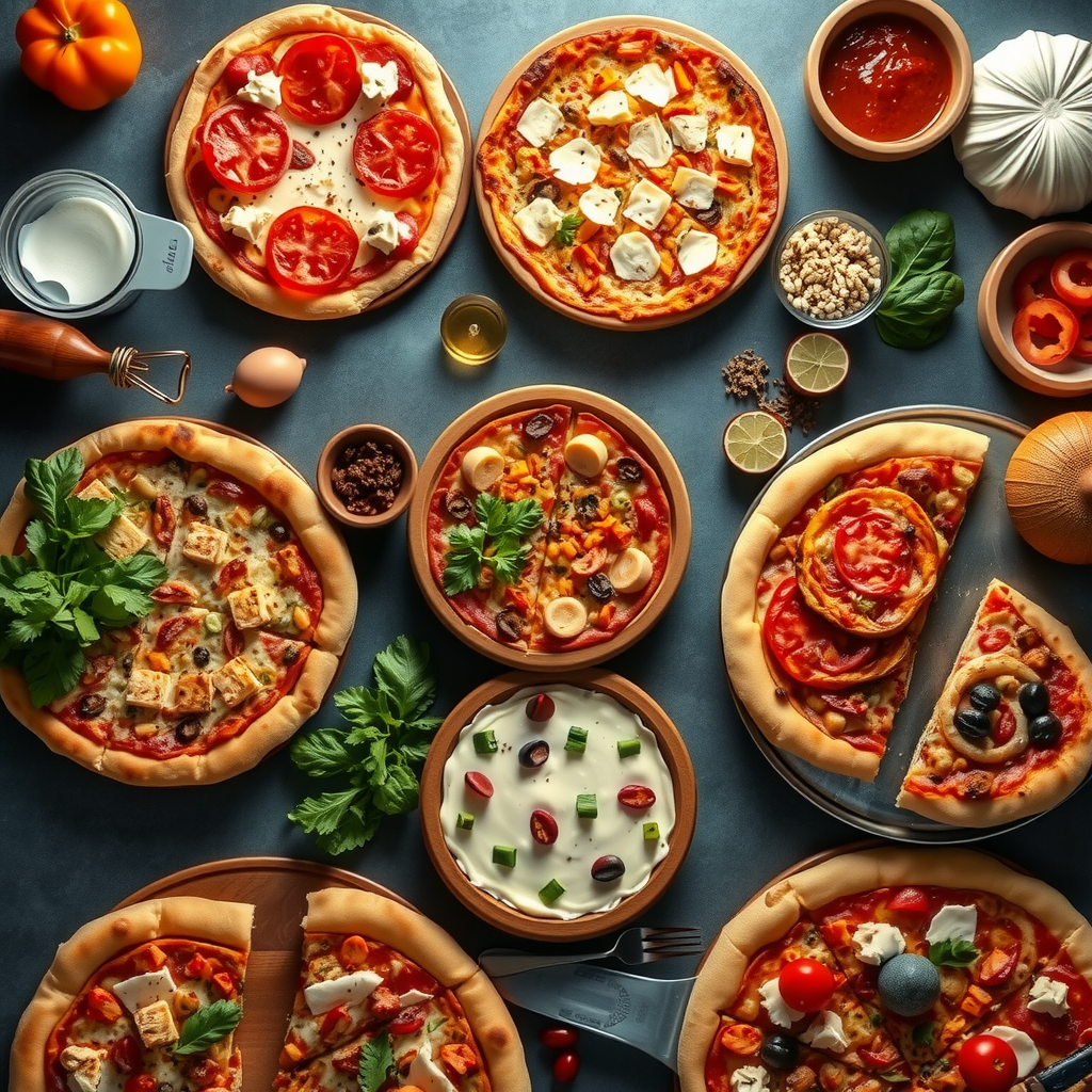 Comprehensive display showing various dietary accommodation options including gluten-free pizzas, vegan cheese alternatives, vegetarian toppings, and allergen-free ingredients with clear labeling