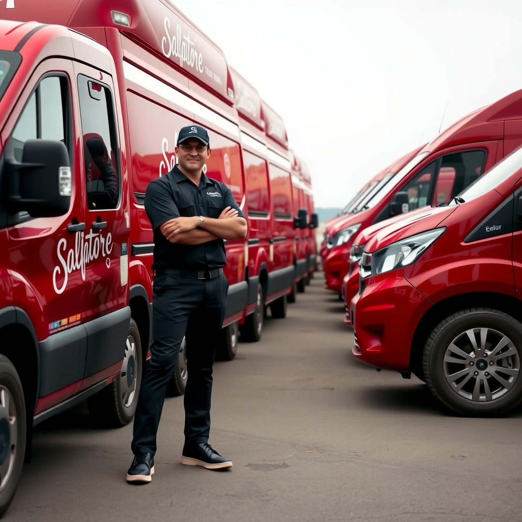 Professional fleet of burgundy red Salvatore branded delivery vehicles lined up with uniformed drivers standing proudly, showcasing reliable pizza delivery service across Canada
