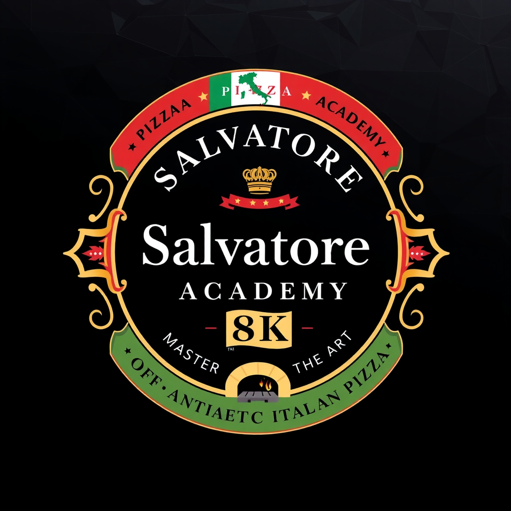 Salvatore Pizza Academy official logo with Italian flag colors, decorative pizza-themed border, text reading 'Master the Art of Authentic Italian Pizza', elegant vintage-style design with wood-fired oven illustration