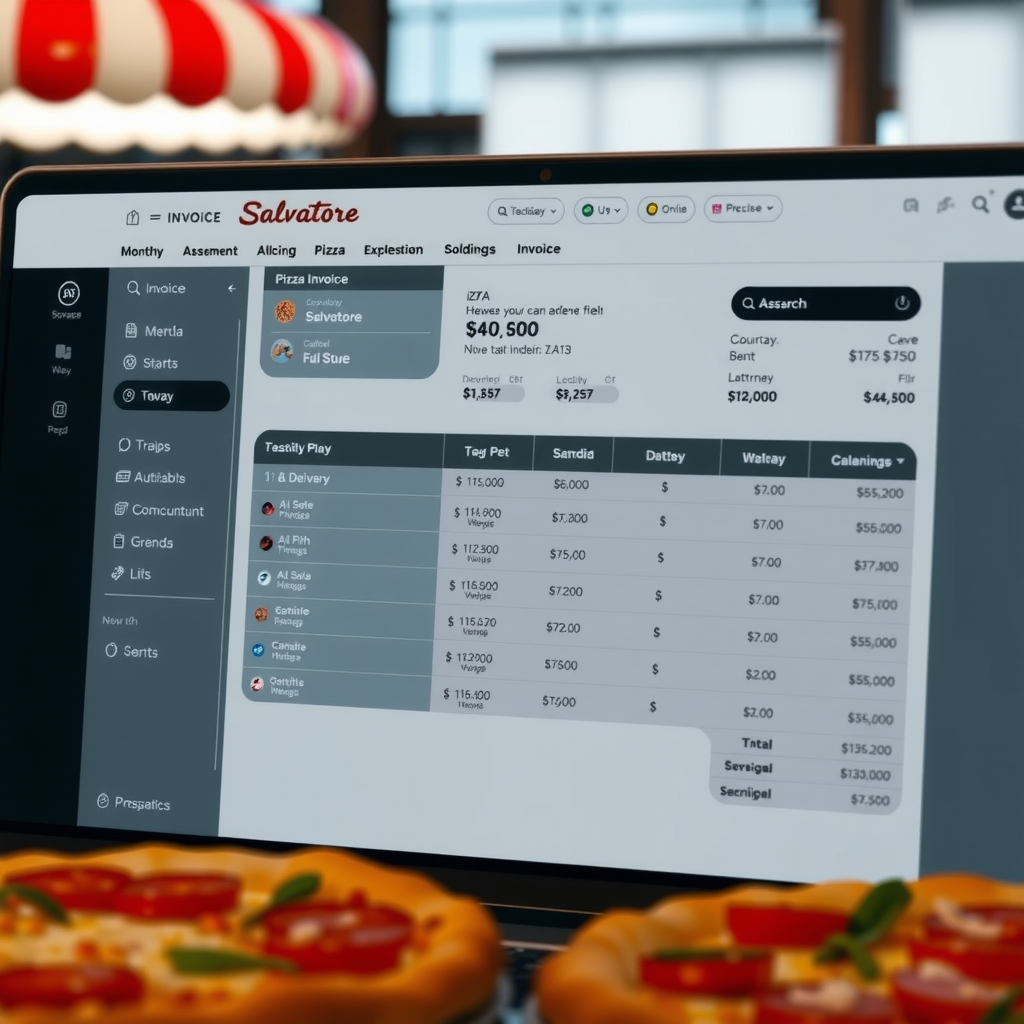 Screenshot of Salvatore corporate invoice portal showing clean, organized monthly statement with itemized pizza deliveries, dates, quantities, and discount calculations, professional business interface