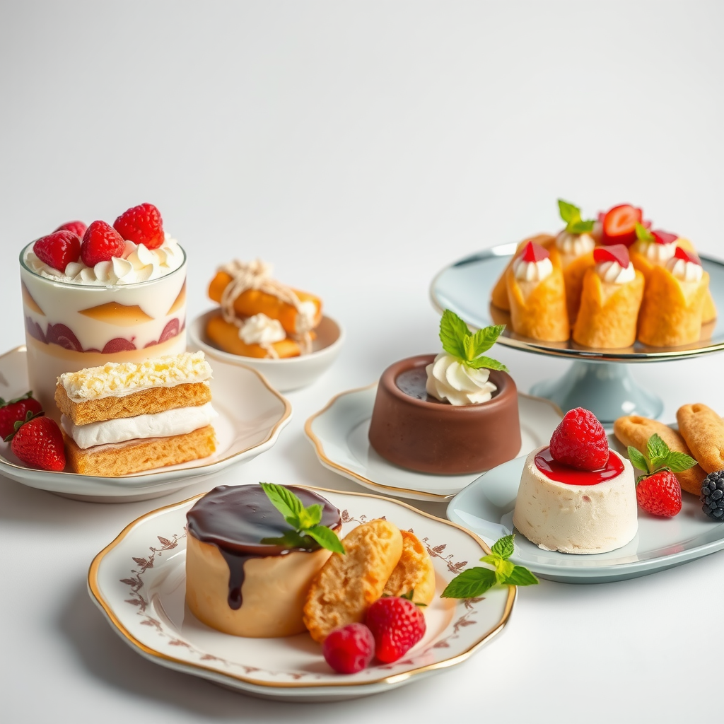 Elegant display of Italian desserts including tiramisu, cannoli, panna cotta, chocolate lava cakes, and biscotti arranged on decorative serving platters with fresh berries and mint garnish