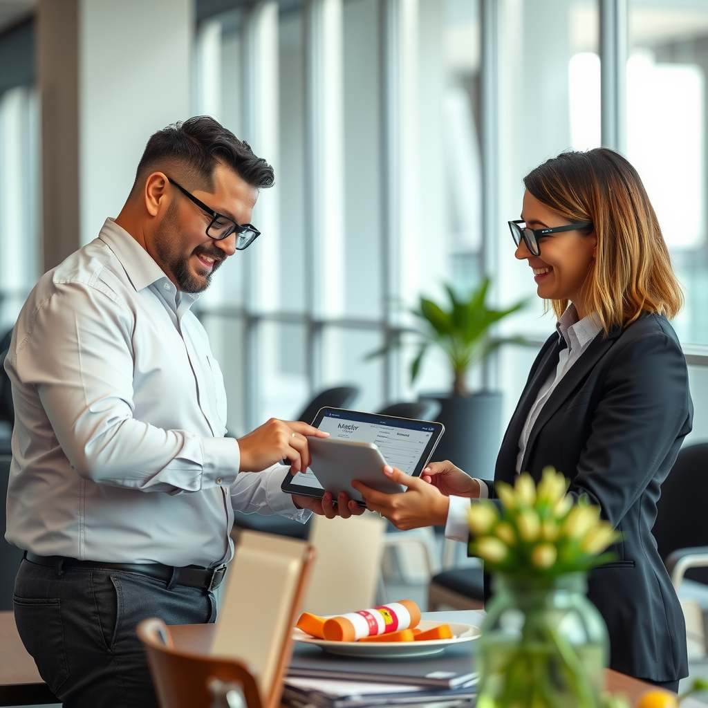 Professional Salvatore account manager meeting with corporate client in modern office, reviewing menu options and delivery schedules on tablet, friendly business consultation atmosphere