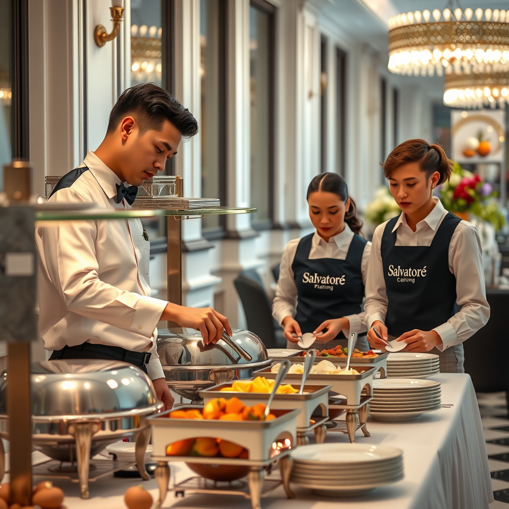Professional Salvatore catering team in branded uniforms setting up elegant buffet station with warming equipment, serving utensils, and decorative displays at upscale venue