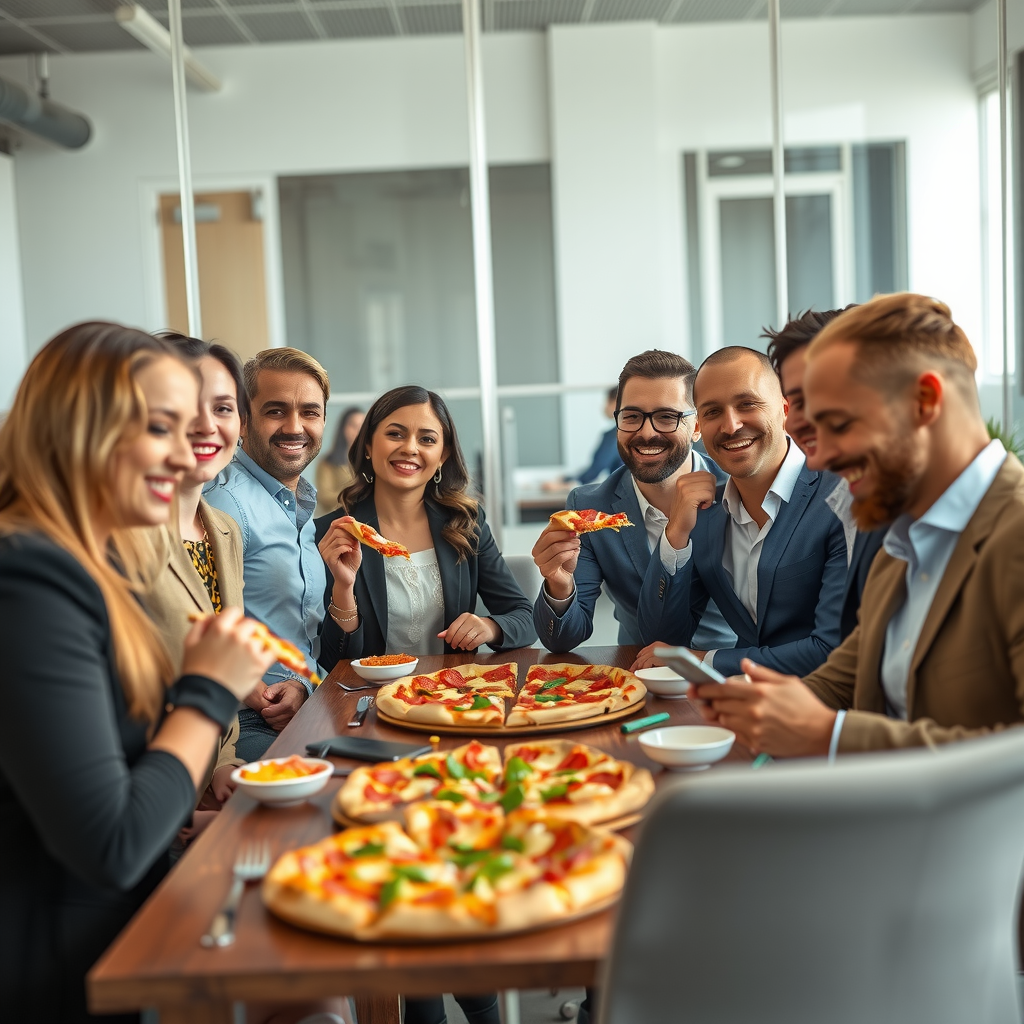 Happy office team enjoying Salvatore pizza together in modern break room, casual business attire, collaborative lunch atmosphere, diverse group of employees