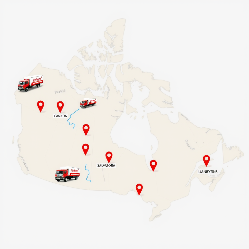 Illustrated map of Canada showing Salvatore's catering service coverage areas across major cities and provinces with delivery trucks and location markers highlighting extensive reach