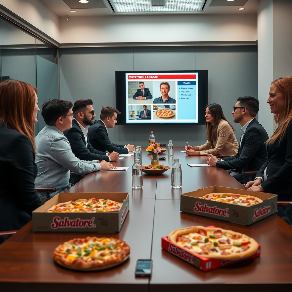 Professional team meeting in conference room with Salvatore pizza boxes on table, business presentation on screen, collaborative work environment with food